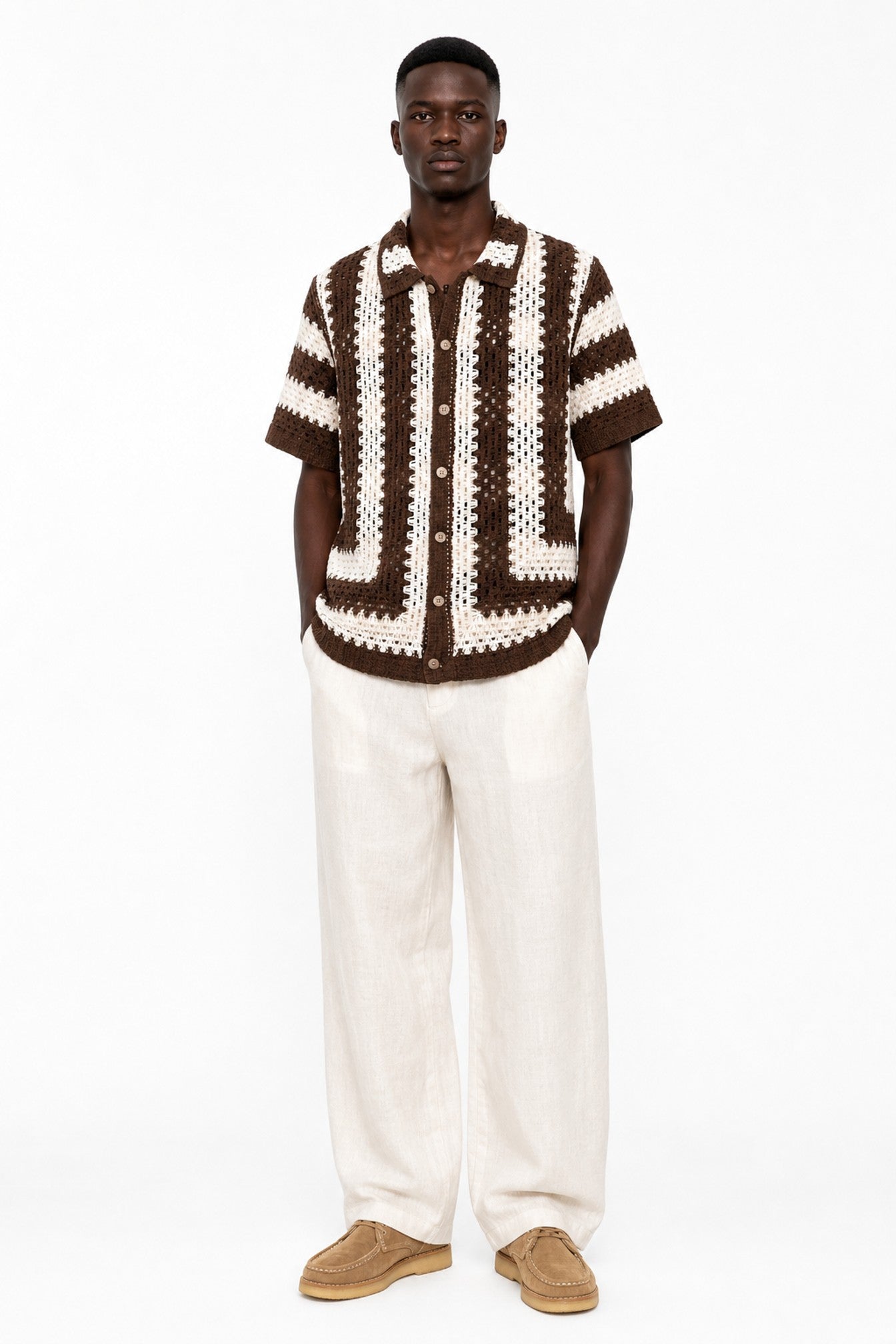 Men's Crochet Stripe Button Down Shirt