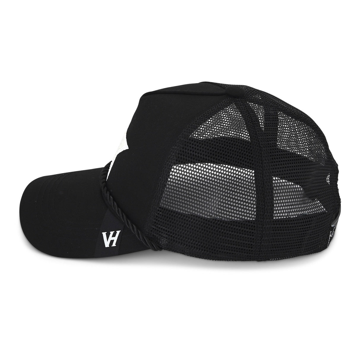 Vintage Havana Trucker Hat for Women – Black Mesh & Canvas Adjustable Cap With White Pearl Star & Rope