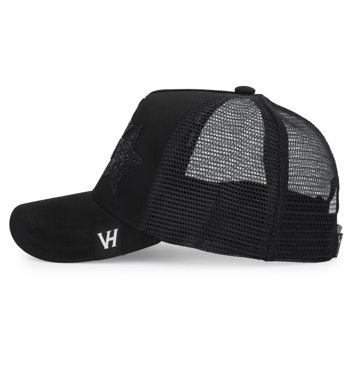 Vintage Havana Black Trucker Hat for Women – Canvas & Mesh Adjustable Snapback Baseball Cap With 3 Black Glitter Stars