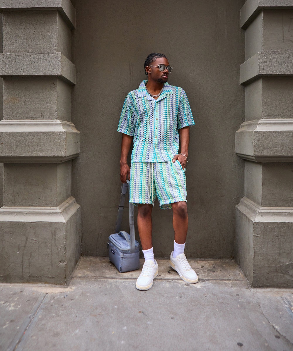 Textured Knit Short Sleeve Button Down Shirt - Light Blue