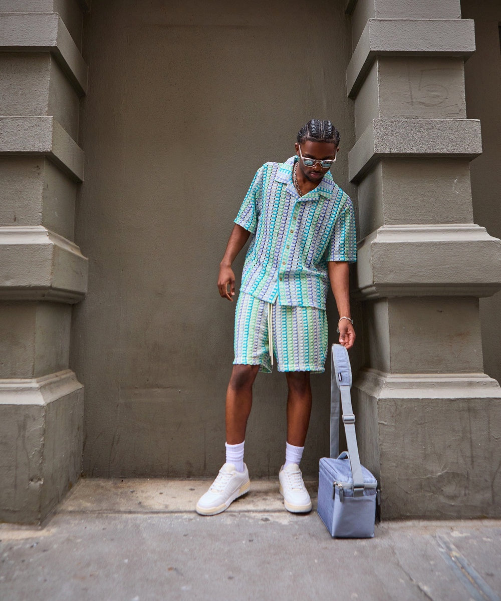 Textured Knit Short Sleeve Button Down Shirt - Light Blue