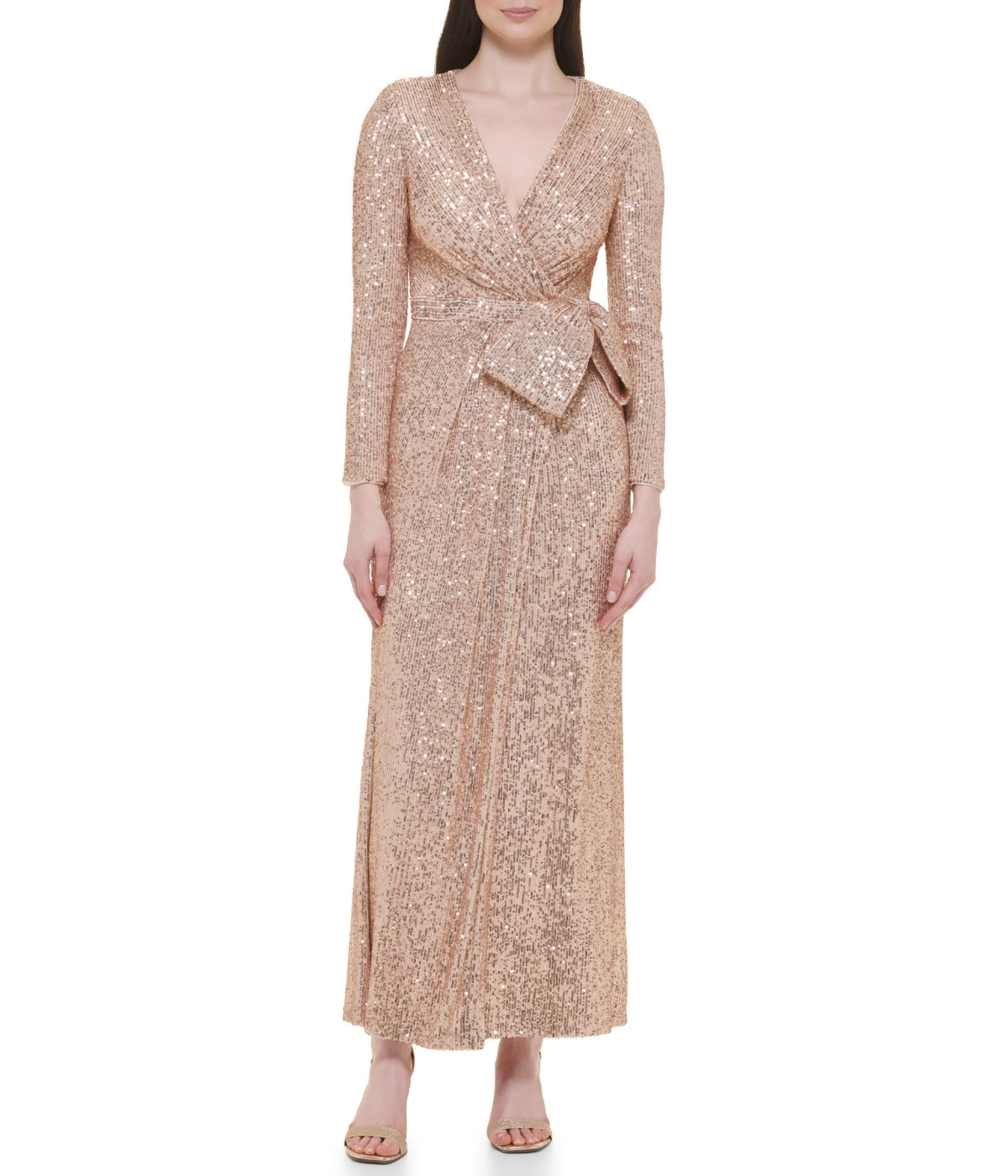 knee length dresses for ladies Faux-Wrap Long Sequin Formal Dress with Long Sleeves Platinum / Small main image 1