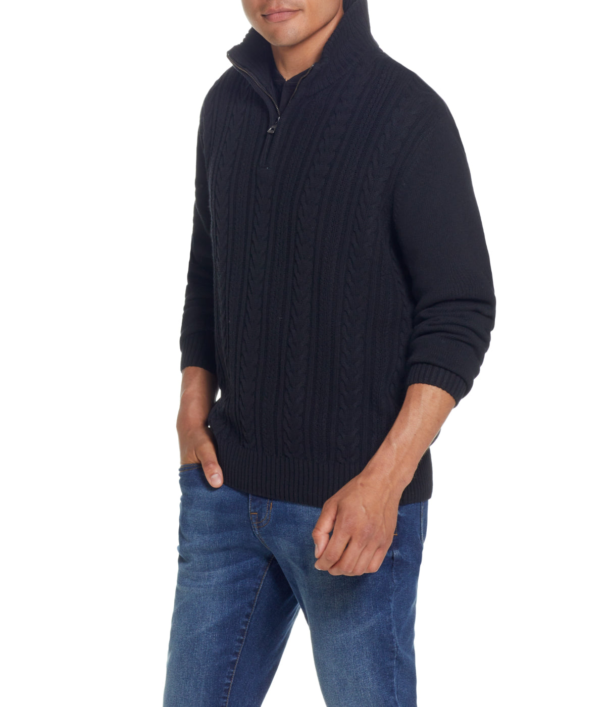Cable Knit Quarter Zip Sweater Black