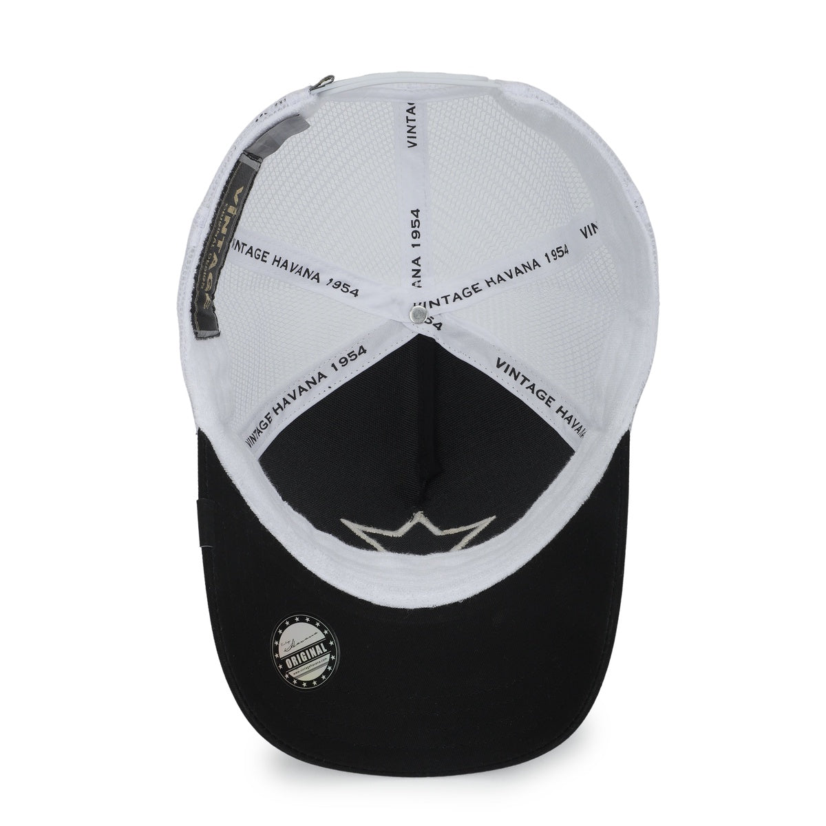 Vintage Havana Trucker Hat for Women – White Mesh & Black Canvas Adjustable Cap With Washed Gold Star