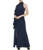  1Pc Sleeveless Mock Neck Cascade Ruffle Gown W/ Slit At Hem Navy