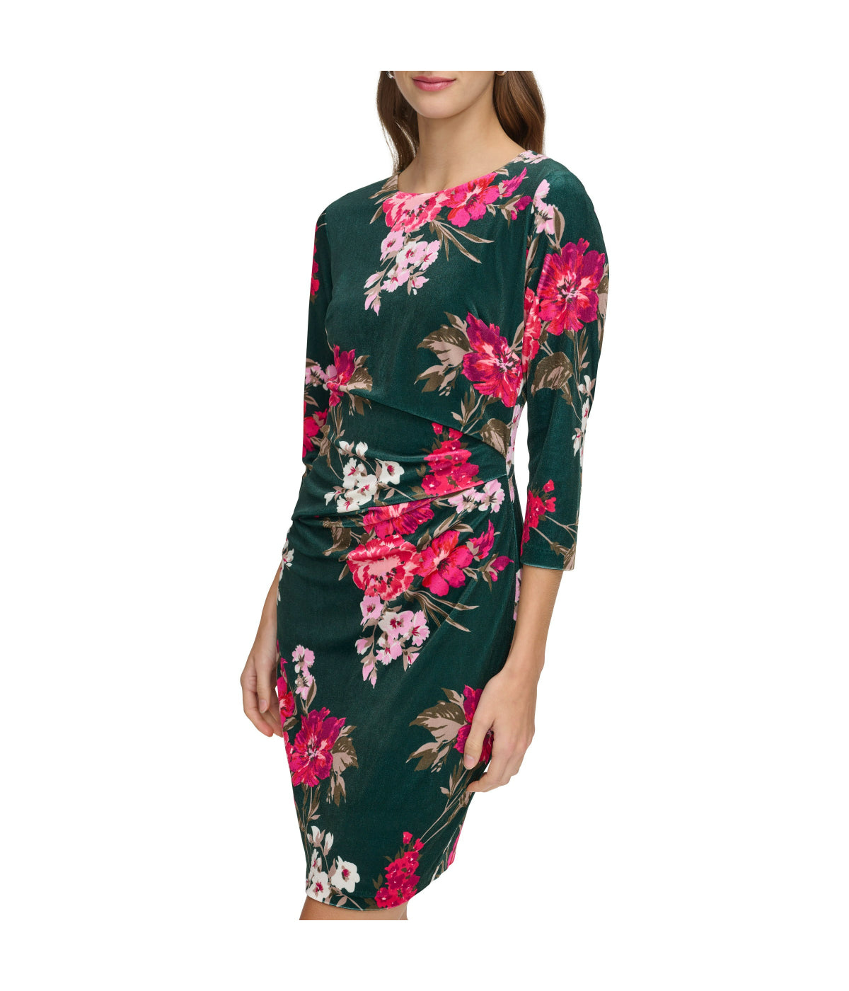 Ptd Velvet Side Tuck Bodycon With 3/4 Sleeve Green Multi