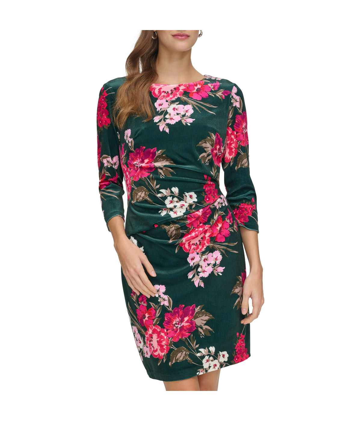 Ptd Velvet Side Tuck Bodycon With 3/4 Sleeve Green Multi