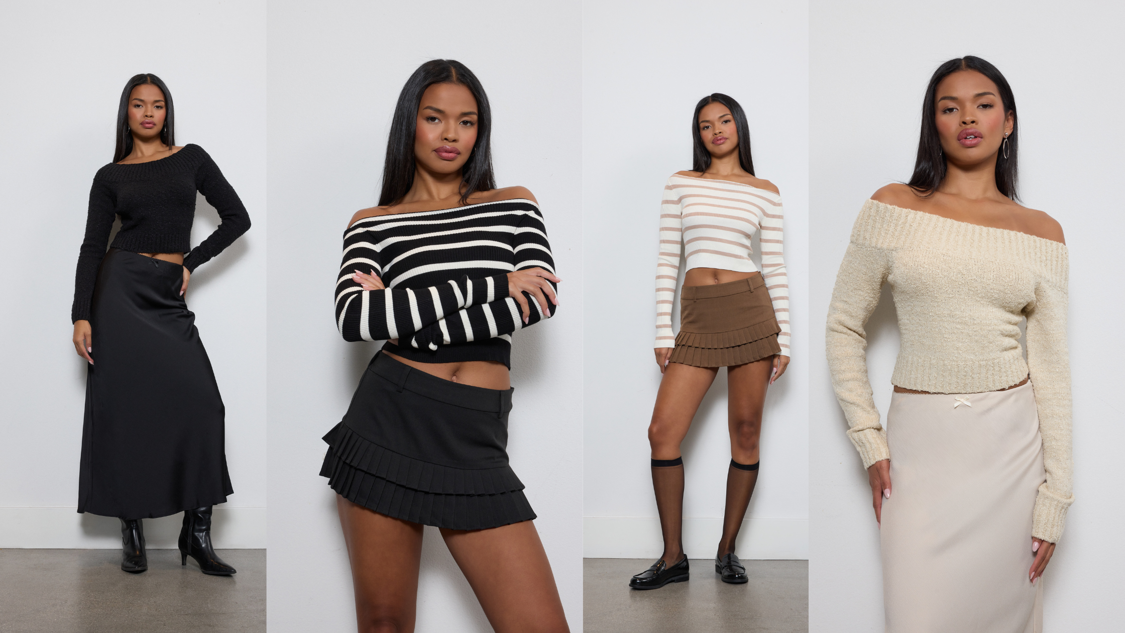 Winter fashion banner featuring an off-the-shoulder sweater styled in a cozy, seasonal outfit.