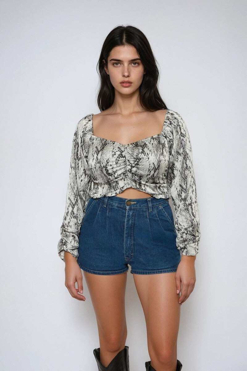 Snake Print Smocked Peasant Top