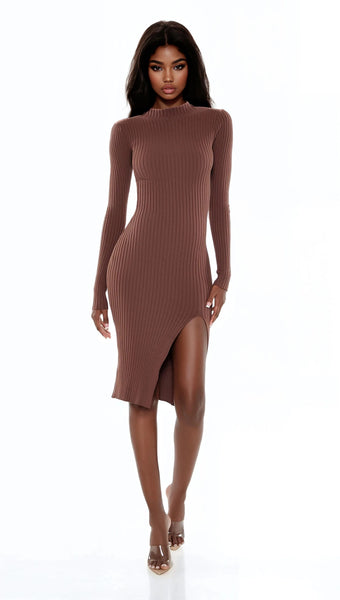 Ribbed Knit Midi Sweater Dress WALNUT / XXL Ribbed Knit Midi Sweater Dress WALNUT / XXL