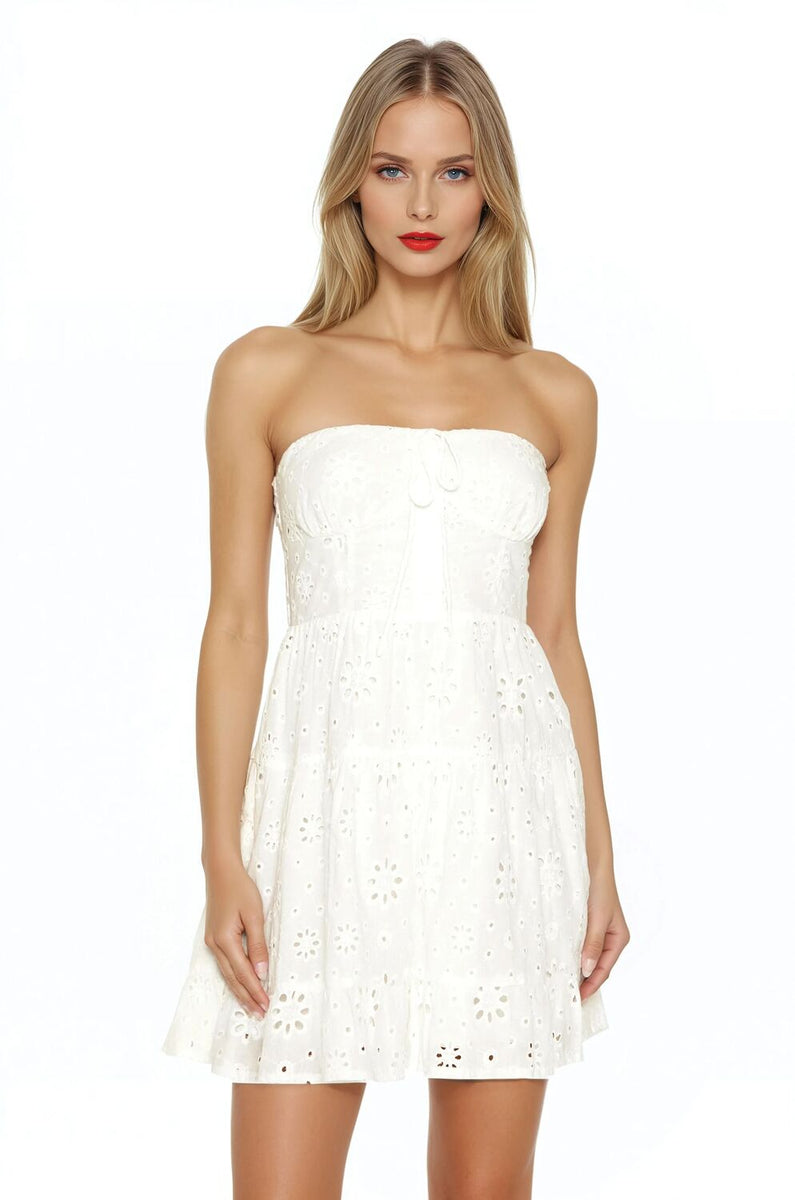 felicity eyelet bustier mini dress Strapless Eyelet Bustier Mini Dress in White