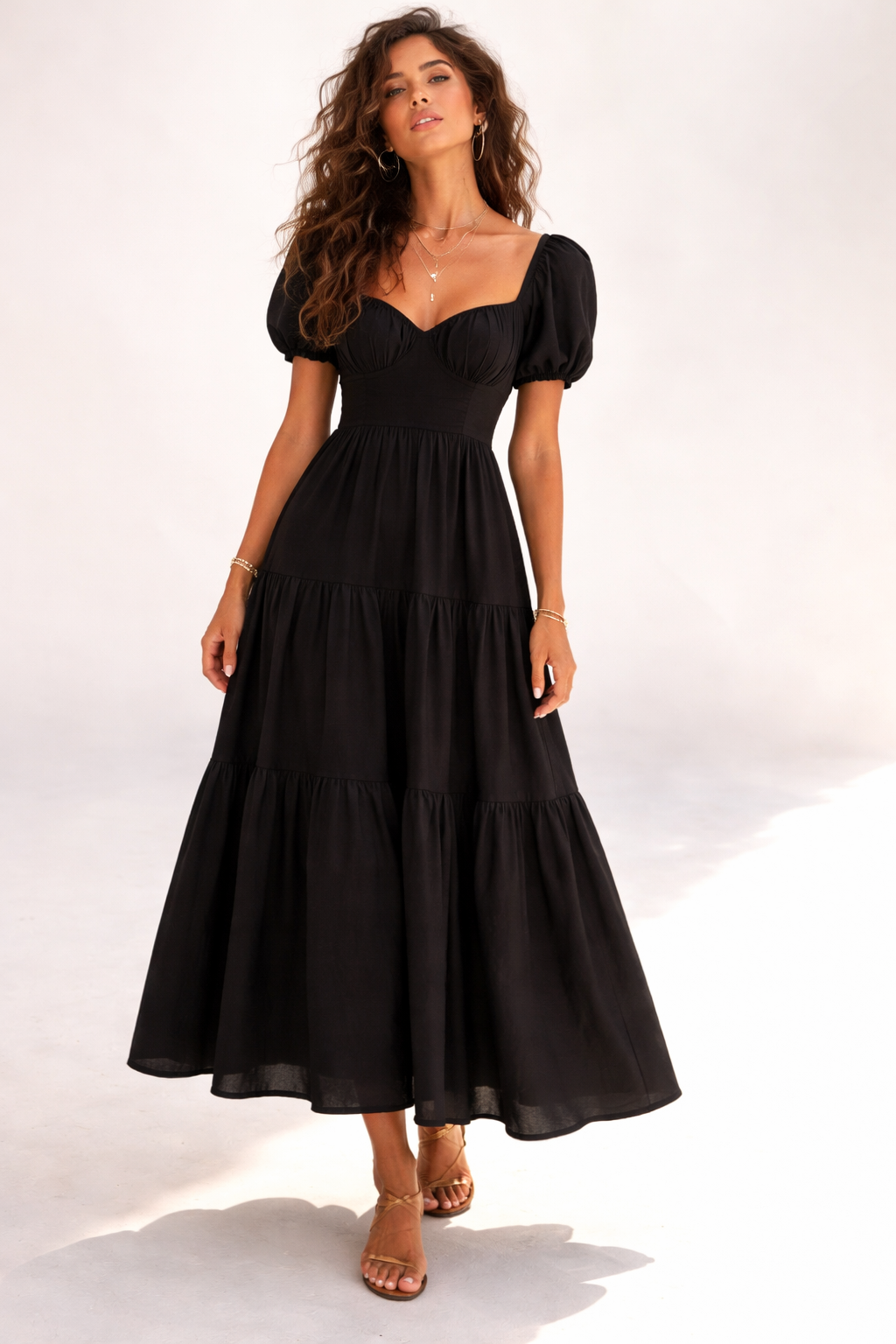 black long sleeve dress forever 21 Tiered Puff-Sleeve Maxi / M Sequin dress