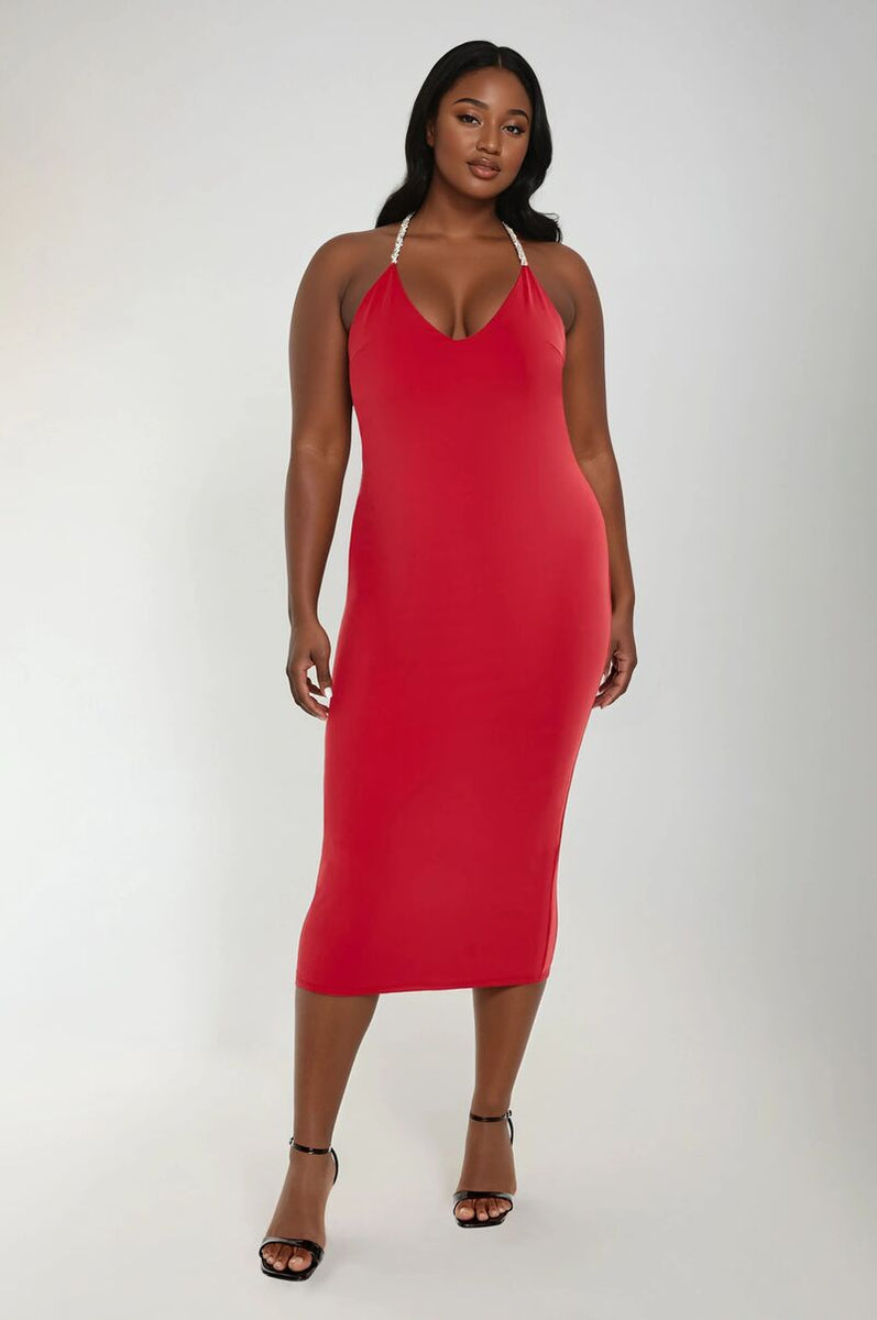 Plus Size Embellished Halter Maxi Dress RED / 3X