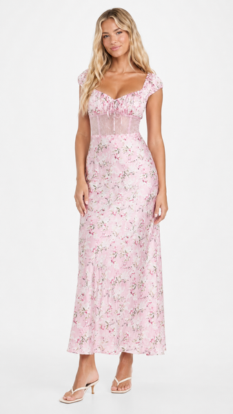 Lace-Trim Satin Floral Maxi Dress Lace-Trim Satin Floral Maxi Dress