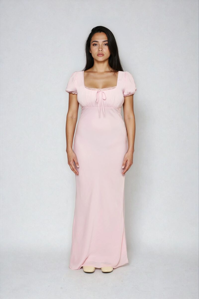 Puff-Sleeve Satin Maxi Dress