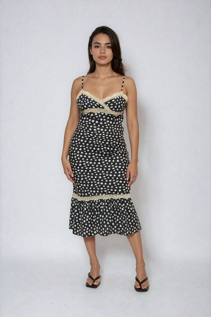 Polka Dot Lace-Trim Cami Midi Dress Polka Dot Lace-Trim Cami Midi Dress