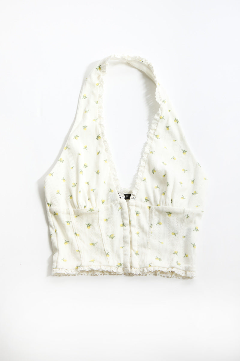 Floral Lace-Trim Halter Crop Top