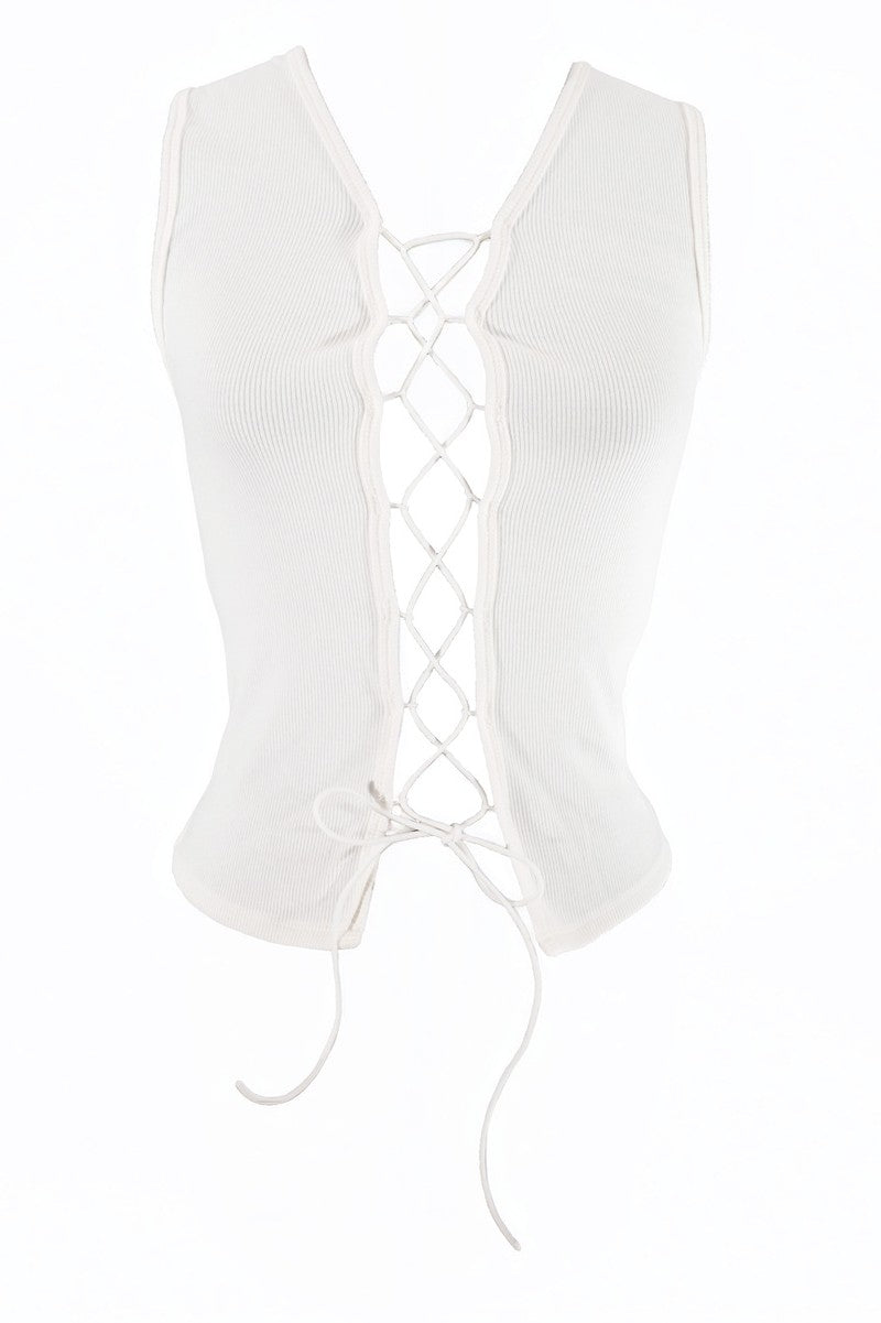 【yo BIOTOP】lace sleeveless top LACE UP DETAIL ZIP FRONT SLEEVELESS HALTER NECK TANK TOP_D6838