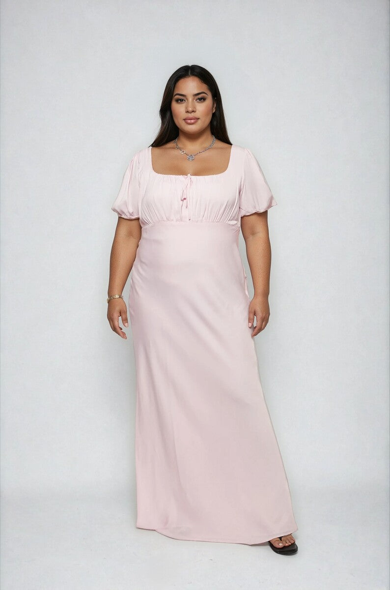 Plus Size Satin Puff-Sleeve Maxi Dress