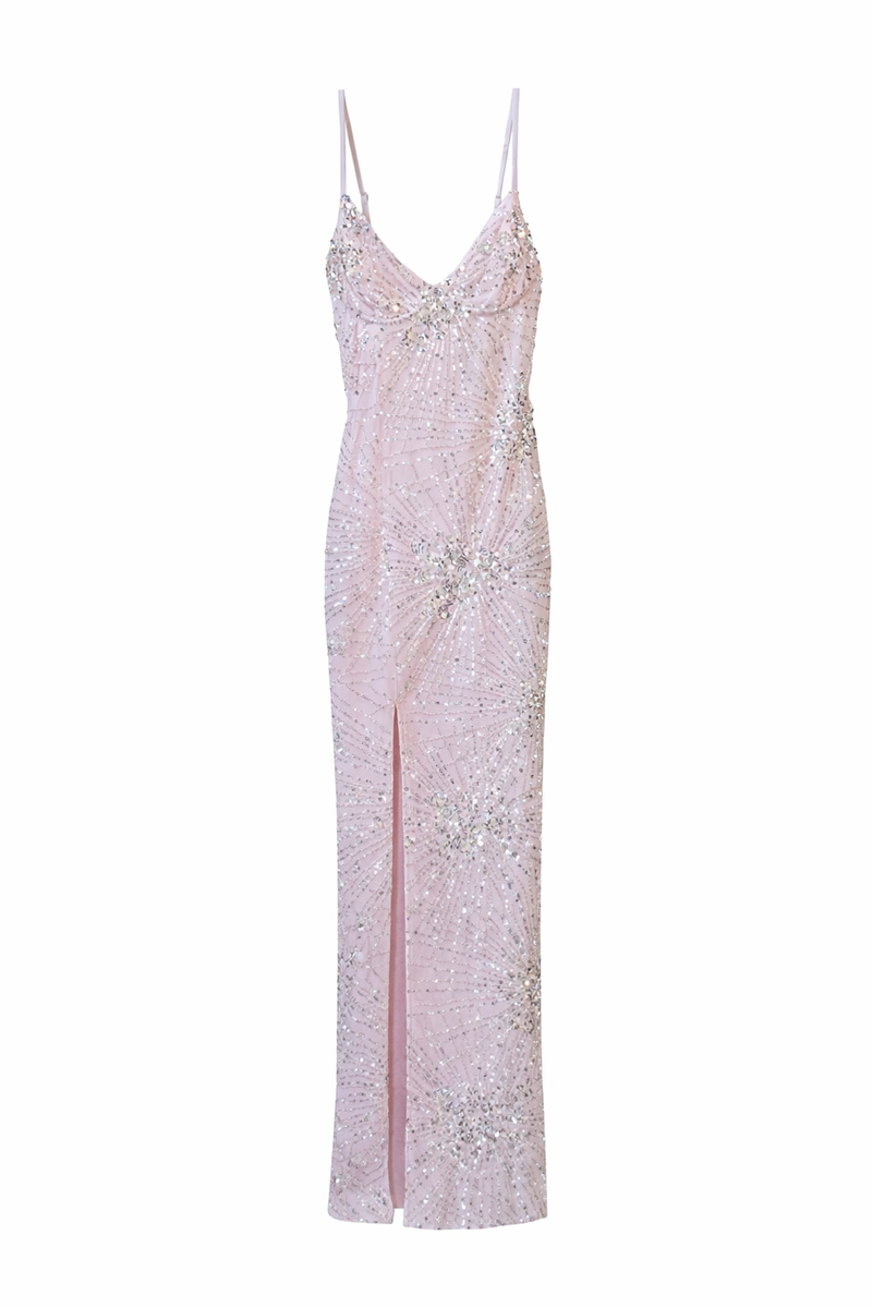 Sequined Beaded Maxi Dress PETAL PINK / L Sequined Beaded Maxi Dress PETAL PINK / L