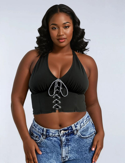 Choose options PLUS SIZE LACE-UP HALTER TOP