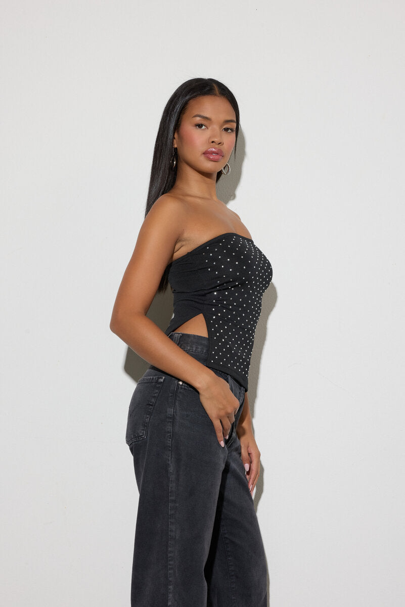 Rhinestone-Studded Split-Hem Tube Top