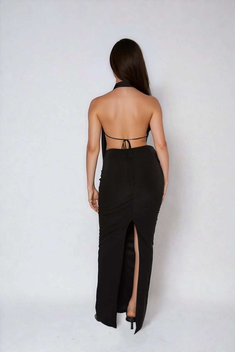 Plunging Cowl Halter Maxi Dress