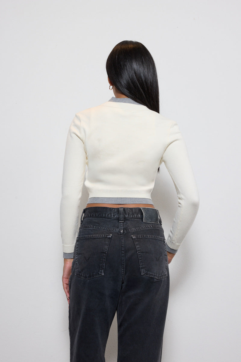 Contrast-Trim Cropped Cardigan Sweater