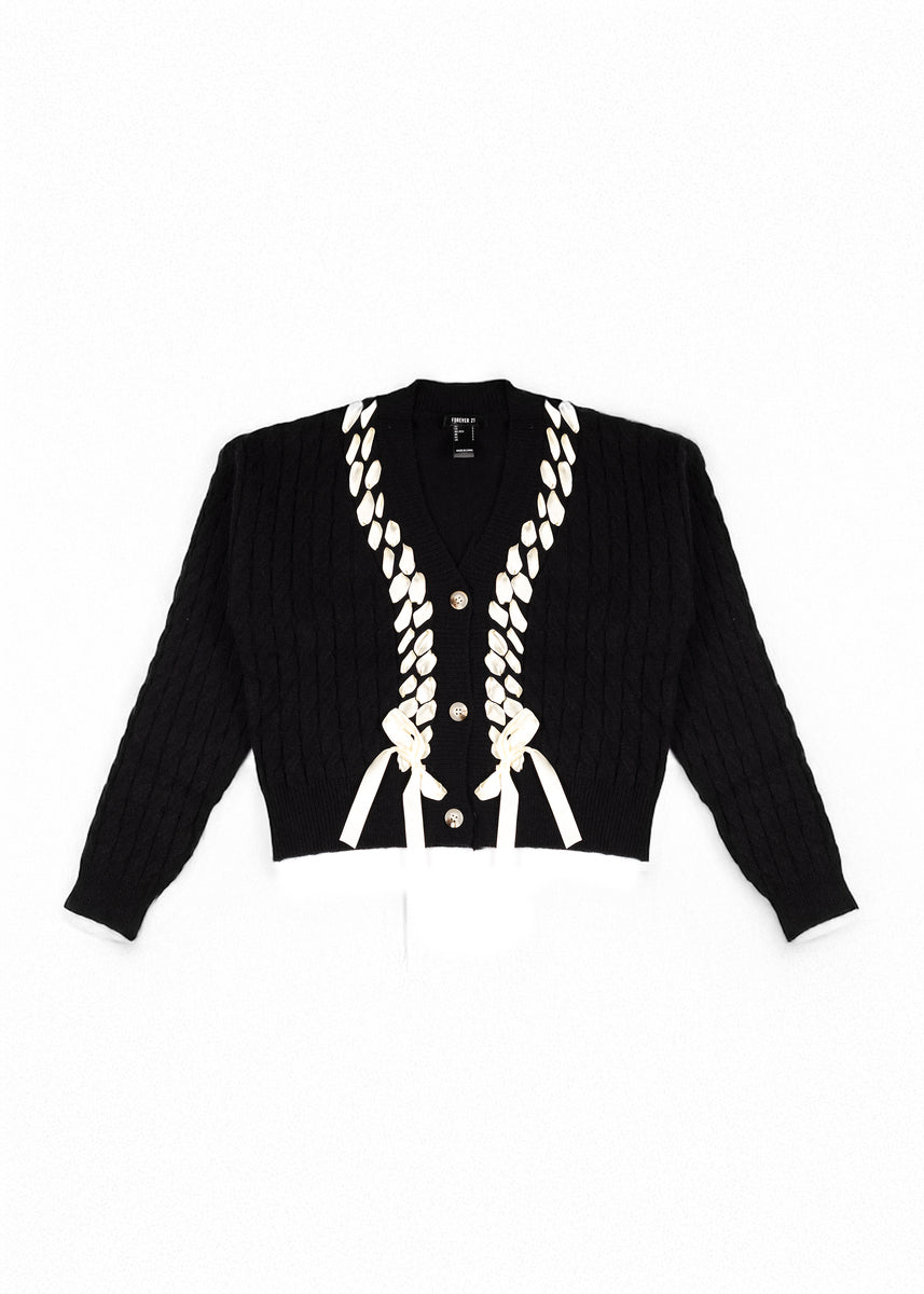 Braided Ribbon Cropped Cardigan Sweater
