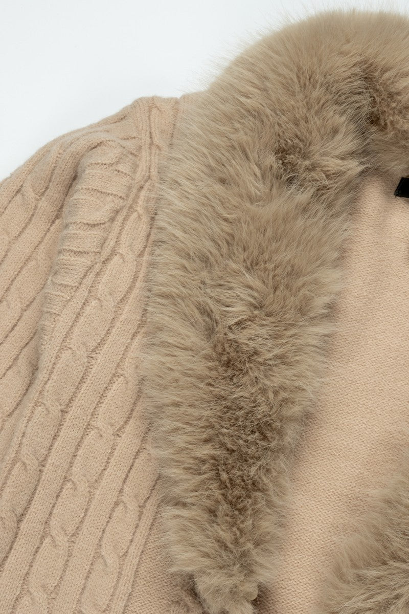 Faux Fur-Collar Cable Knit Longline Cardigan