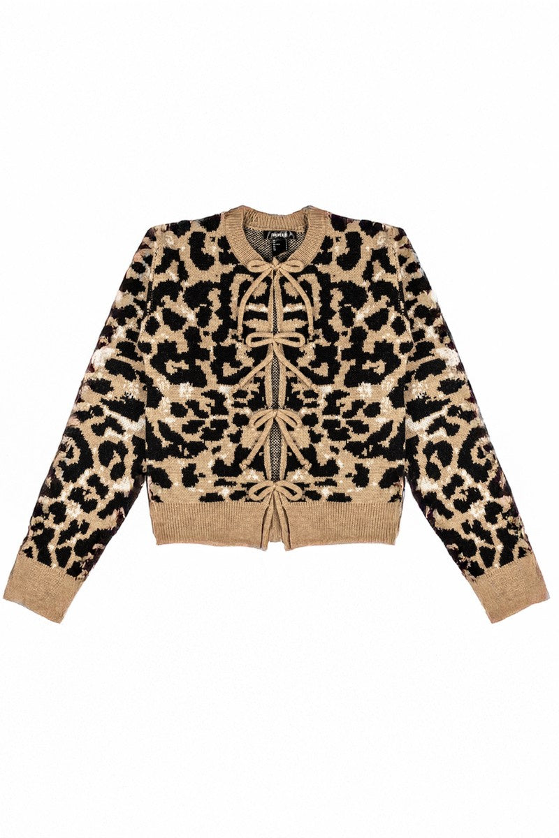Leopard Lace-Up Bow Cardigan Sweater