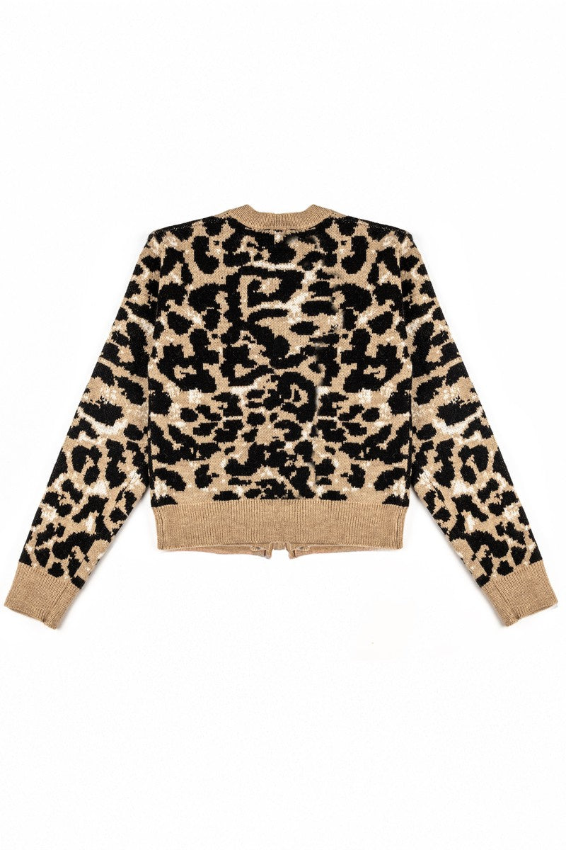 Leopard Lace-Up Bow Cardigan Sweater