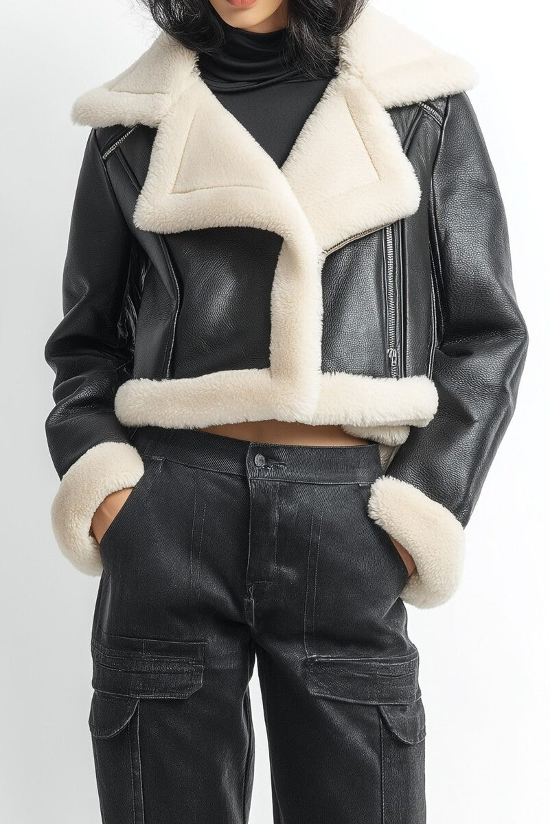 Cropped Faux Leather & Shearling Moto Jacket