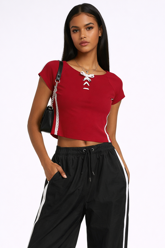 Lace-Up Raglan Cropped Tee Lace-Up Raglan Cropped Tee