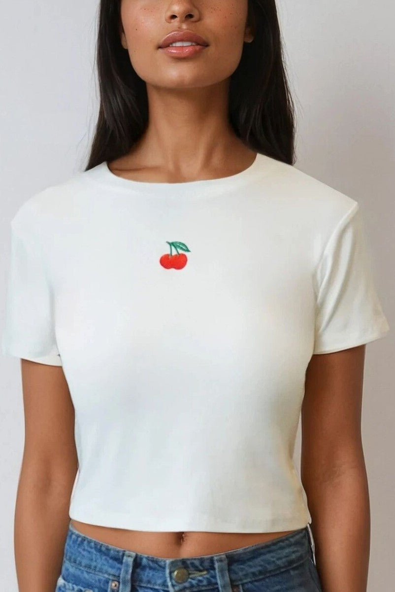 Embroidered Cherry Cropped Tee