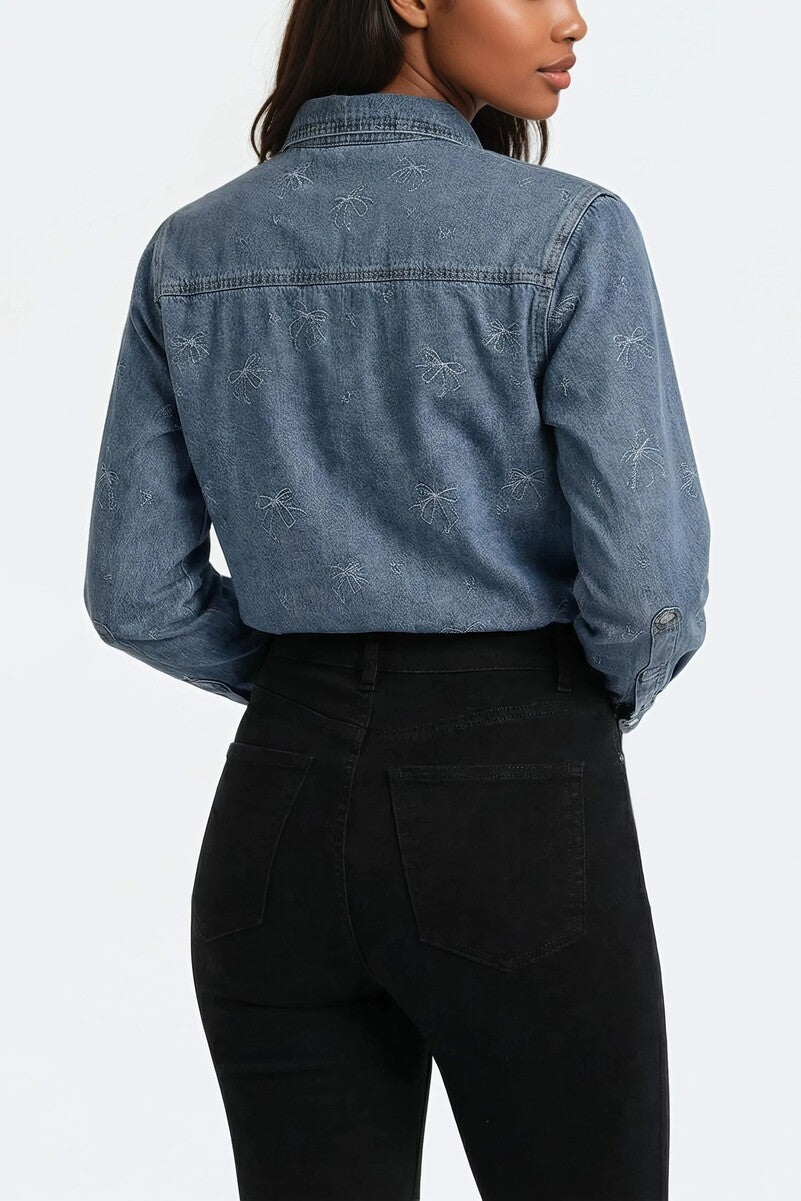 Embroidered Bow Print Oversized Denim Shirt