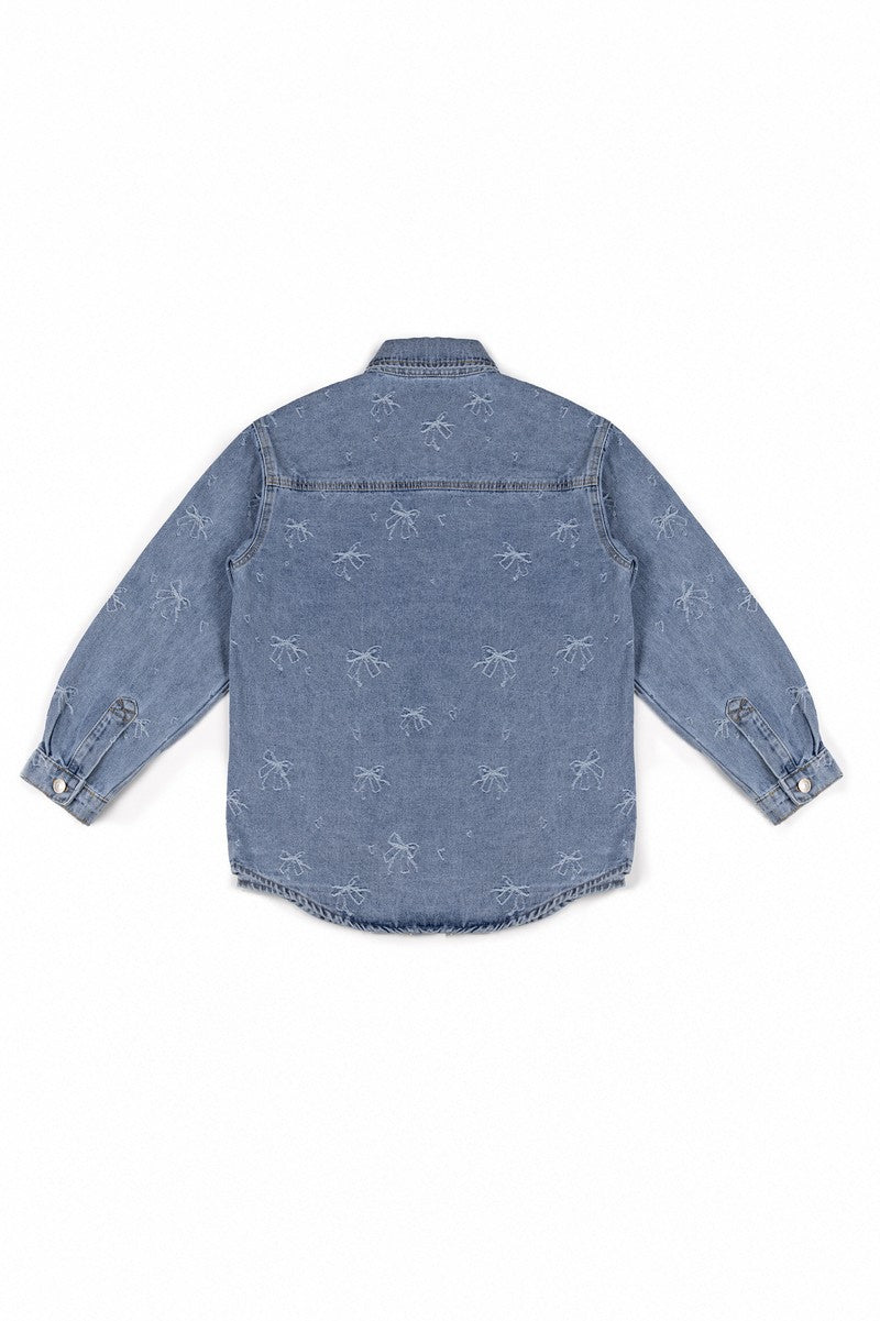 Embroidered Bow Print Oversized Denim Shirt