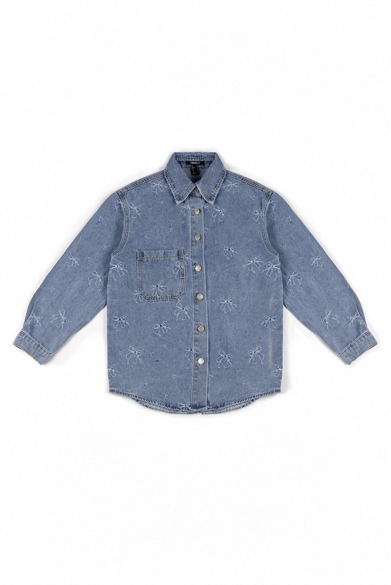 Embroidered Bow Print Oversized Denim Shirt