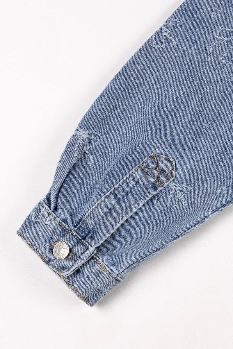 Embroidered Bow Print Oversized Denim Shirt