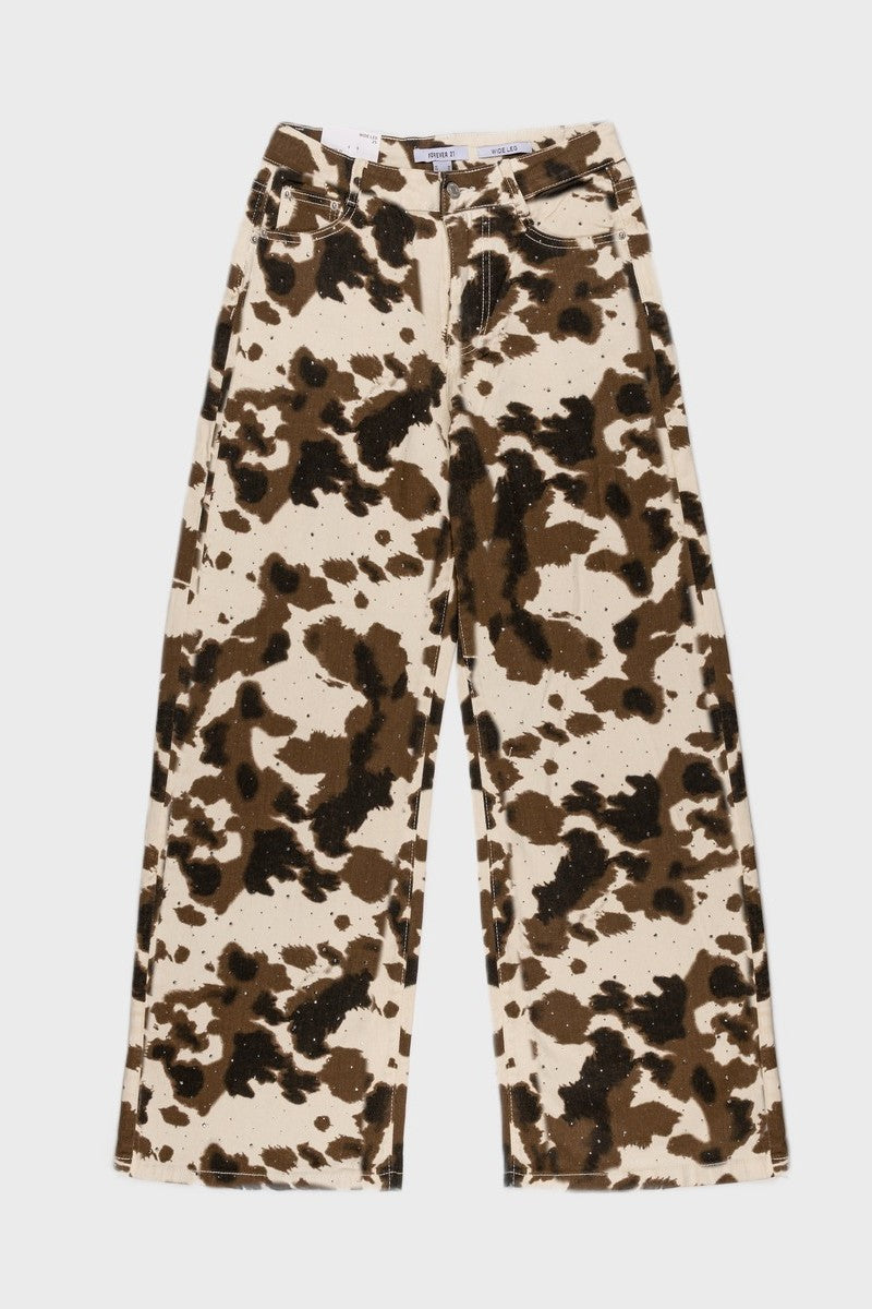 Cow Print Rhinestone Wide-Leg Jeans