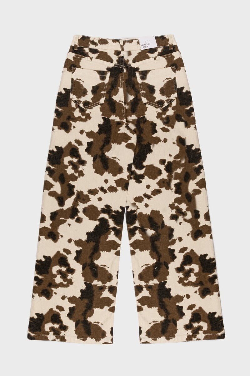 Cow Print Rhinestone Wide-Leg Jeans