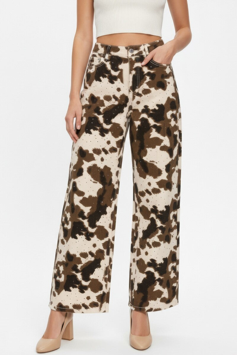 Cow Print Rhinestone Wide-Leg Jeans