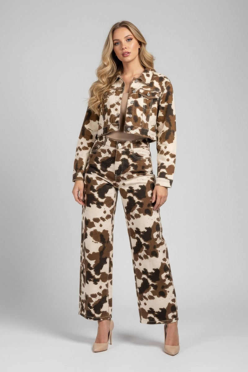 Cropped Cow Print Denim Jacket