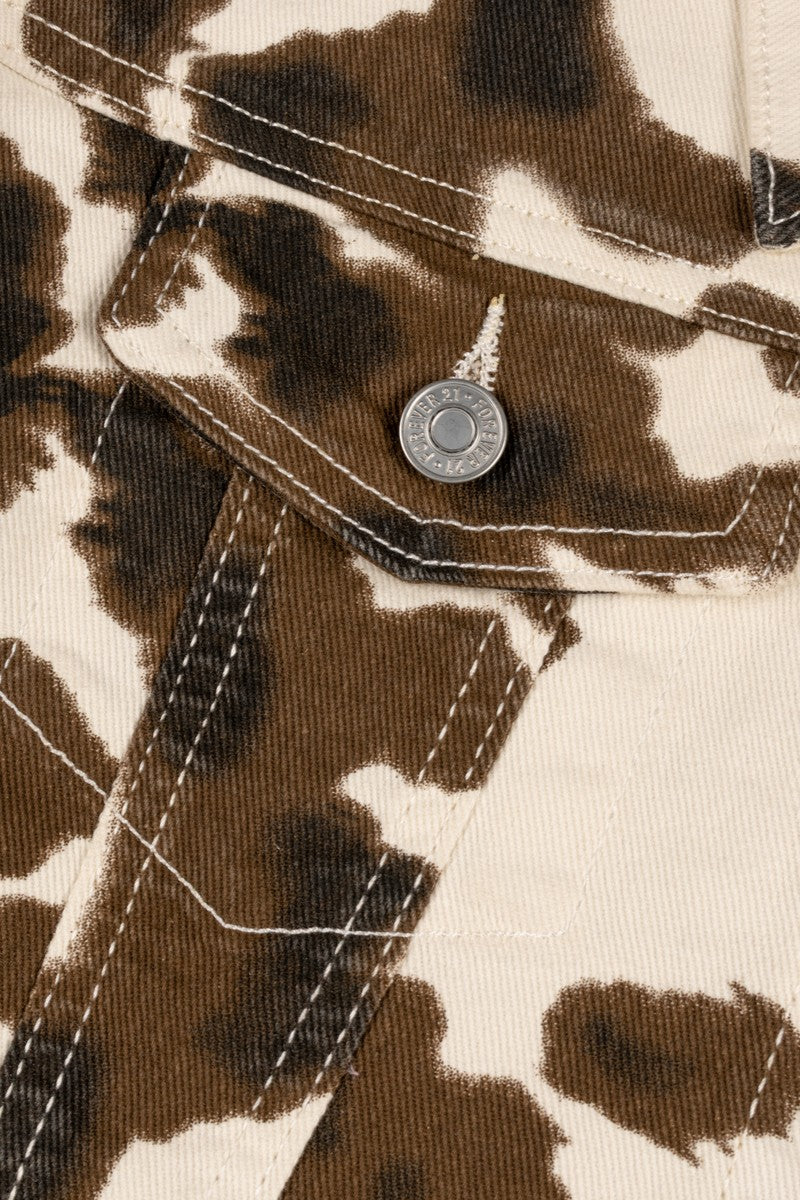 Cropped Cow Print Denim Jacket