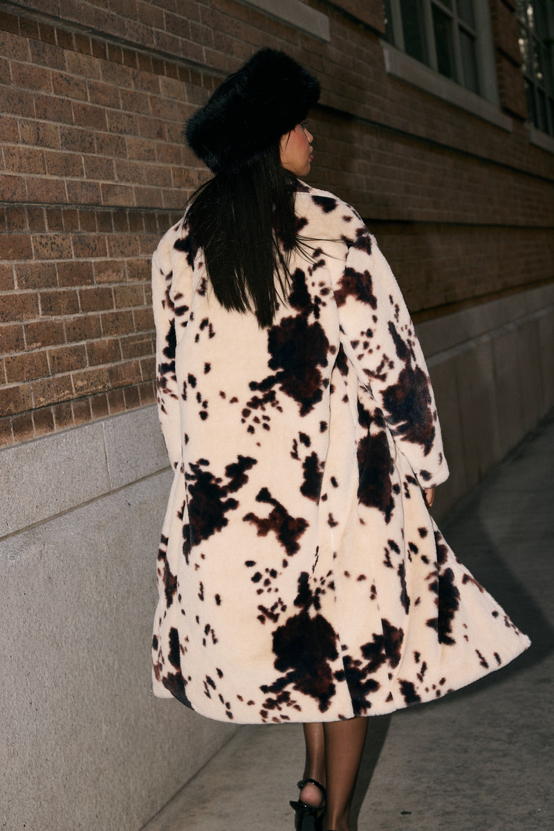 Cow Print Faux Fur Longline Coat