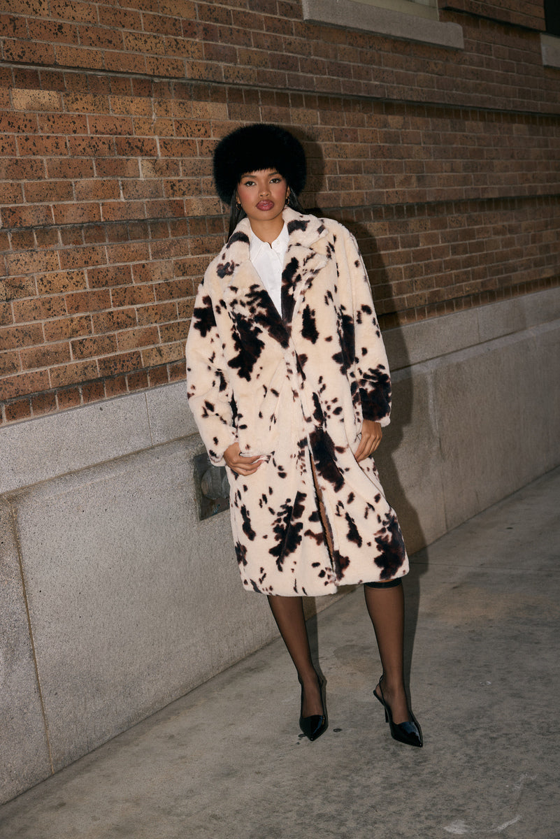 Cow Print Faux Fur Longline Coat