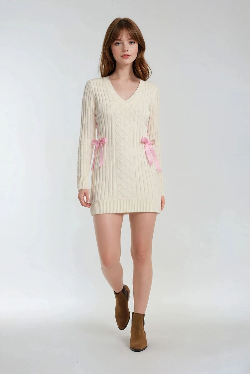 Cable Knit Lace-Up Ribbon Mini Dress