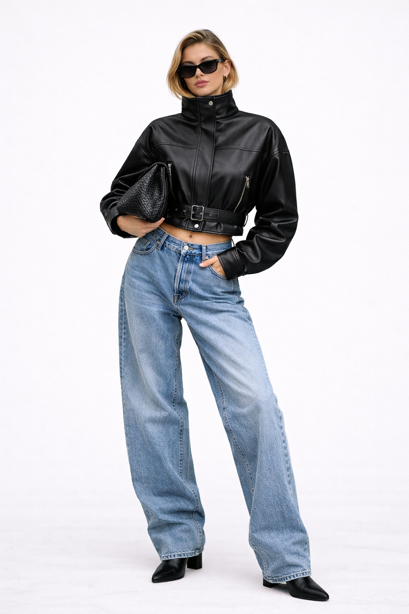 Faux Leather Belted Cropped Jacket Faux Leather Belted Cropped Jacket