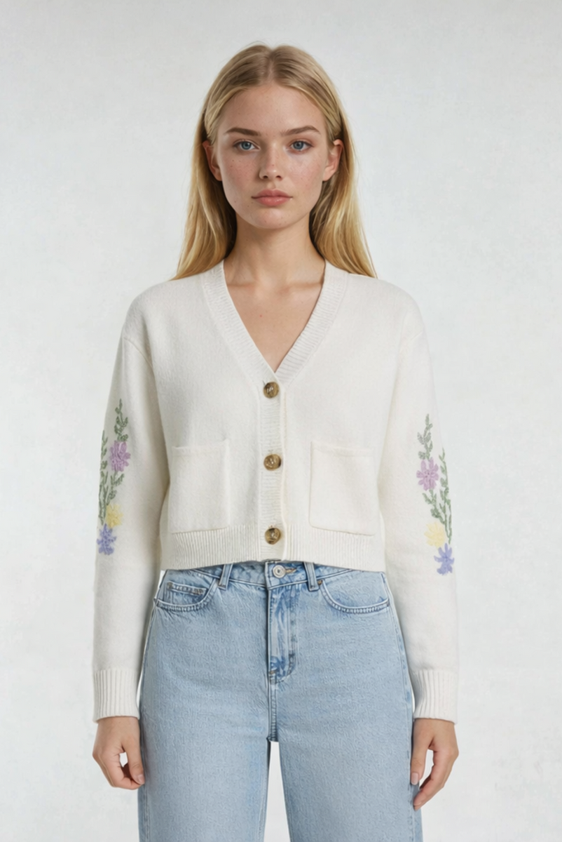 Floral Embroidered-Sleeve Cropped Cardigan Floral Embroidered-Sleeve Cropped Cardigan
