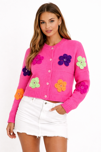 Floral Appliqué Knit Cardigan Sweater Floral Appliqué Knit Cardigan Sweater